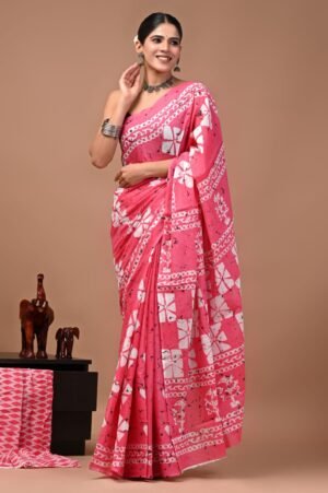 Bagru Hand Block Printed Pink Floral & Geometric Mulmul Cotton Saree With Running Blouse W