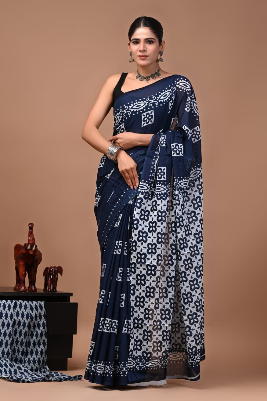 Bagru Hand Block Printed Navy Blue Floral & Geometric Mulmul Cotton Saree With Running Blouse W