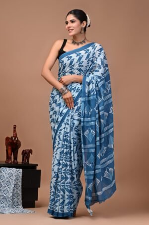 Bagru Hand Block Printed Blue & White Geometric Floral Mulmul Cotton Saree With Running Blouse W