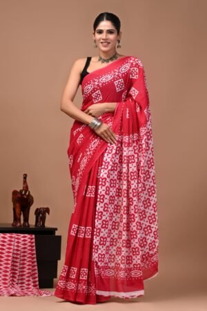Bagru Hand Block Printed Red & White Floral & Geometric Mulmul Cotton Saree With Running Blouse W