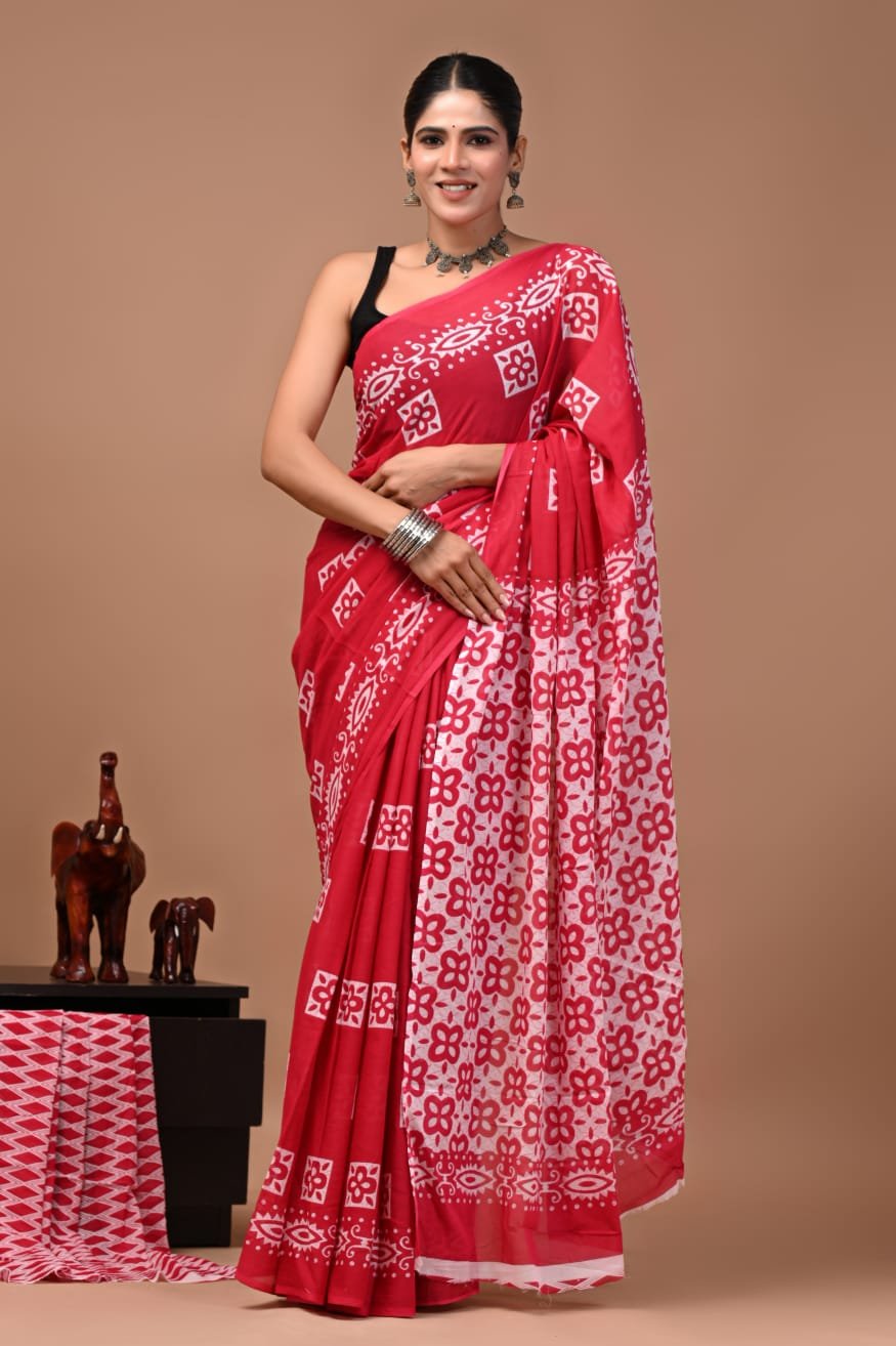 Bagru Hand Block Printed Red & White Floral & Geometric Mulmul Cotton Saree With Running Blouse W