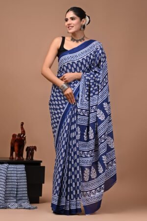 Bagru Hand Block Printed Navy Blue & White Floral & Geometric Mulmul Cotton Saree With Running Blouse W