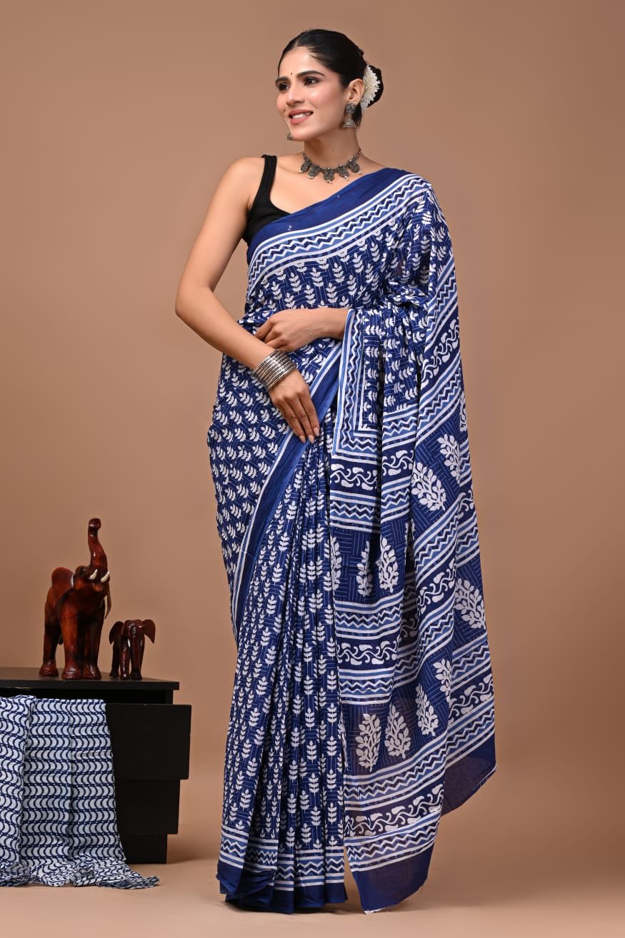Bagru Hand Block Printed Navy Blue & White Floral & Geometric Mulmul Cotton Saree With Running Blouse W