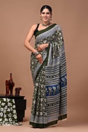 Bagru Hand Block Printed Olive Green Mulmul Cotton Saree With Running Blouse W