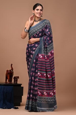 Bagru Hand Block Printed Navy Blue, Grey & Pink Floral Mulmul Cotton Saree With Running Blouse W