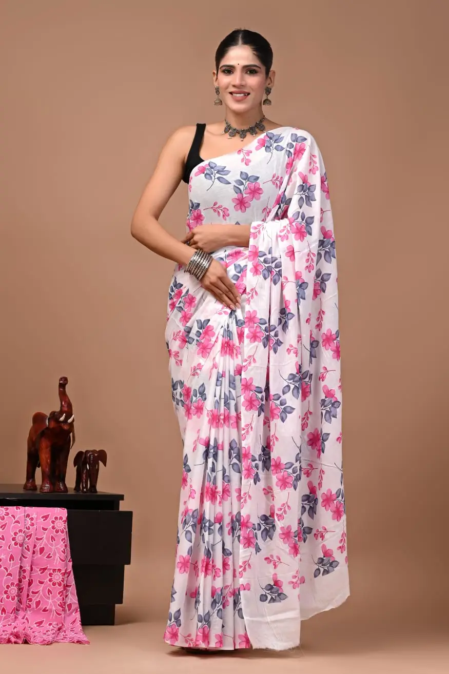 Bagru Hand Block Printed White & Pink Floral Mulmul Cotton Saree With Running Blouse W