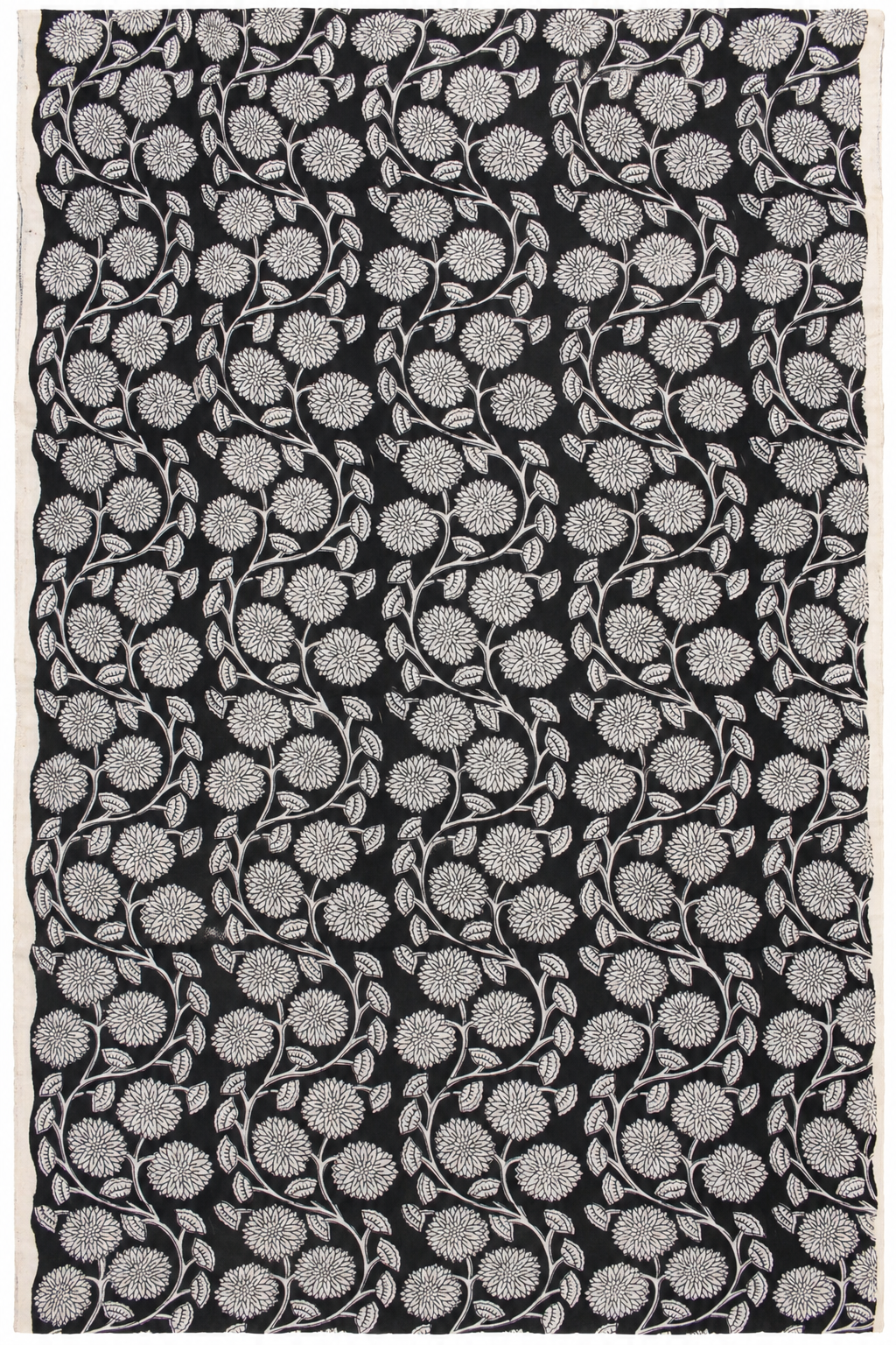 Black & Ivory Chrysanthemum Vine Hand Block Print Fabric A
