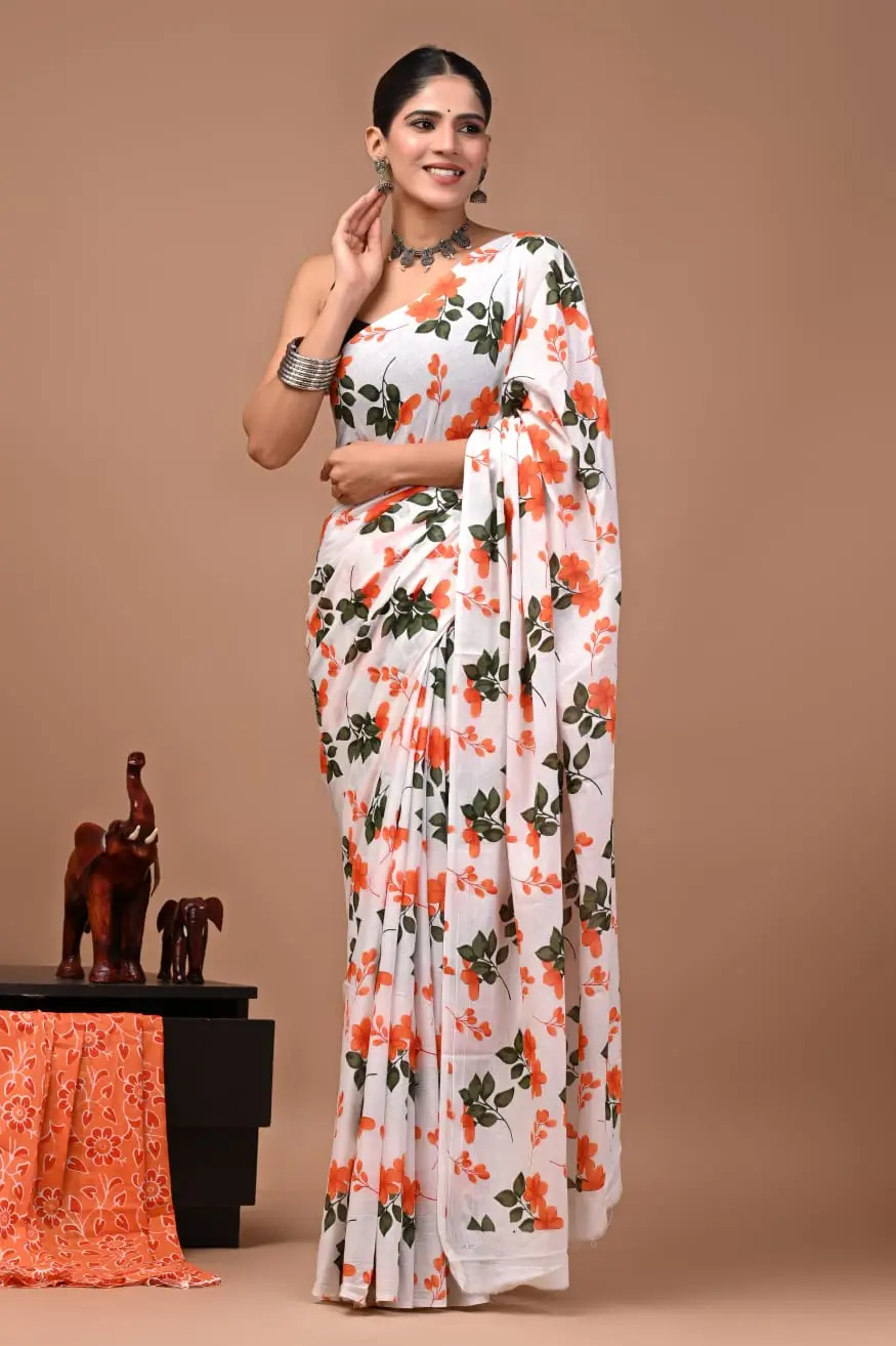 Bagru Hand Block Printed White & Orange Floral Mulmul Cotton Saree With Running Blouse W