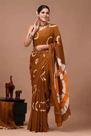 Bagru Hand Block Printed Rust Brown & White Abstract Floral Mulmul Cotton Saree With Running Blouse W