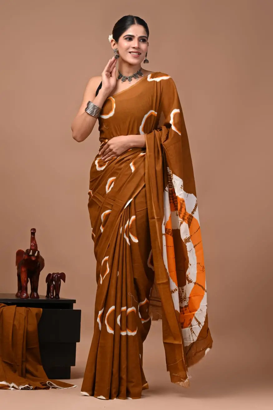 Bagru Hand Block Printed Rust Brown & White Abstract Floral Mulmul Cotton Saree With Running Blouse W