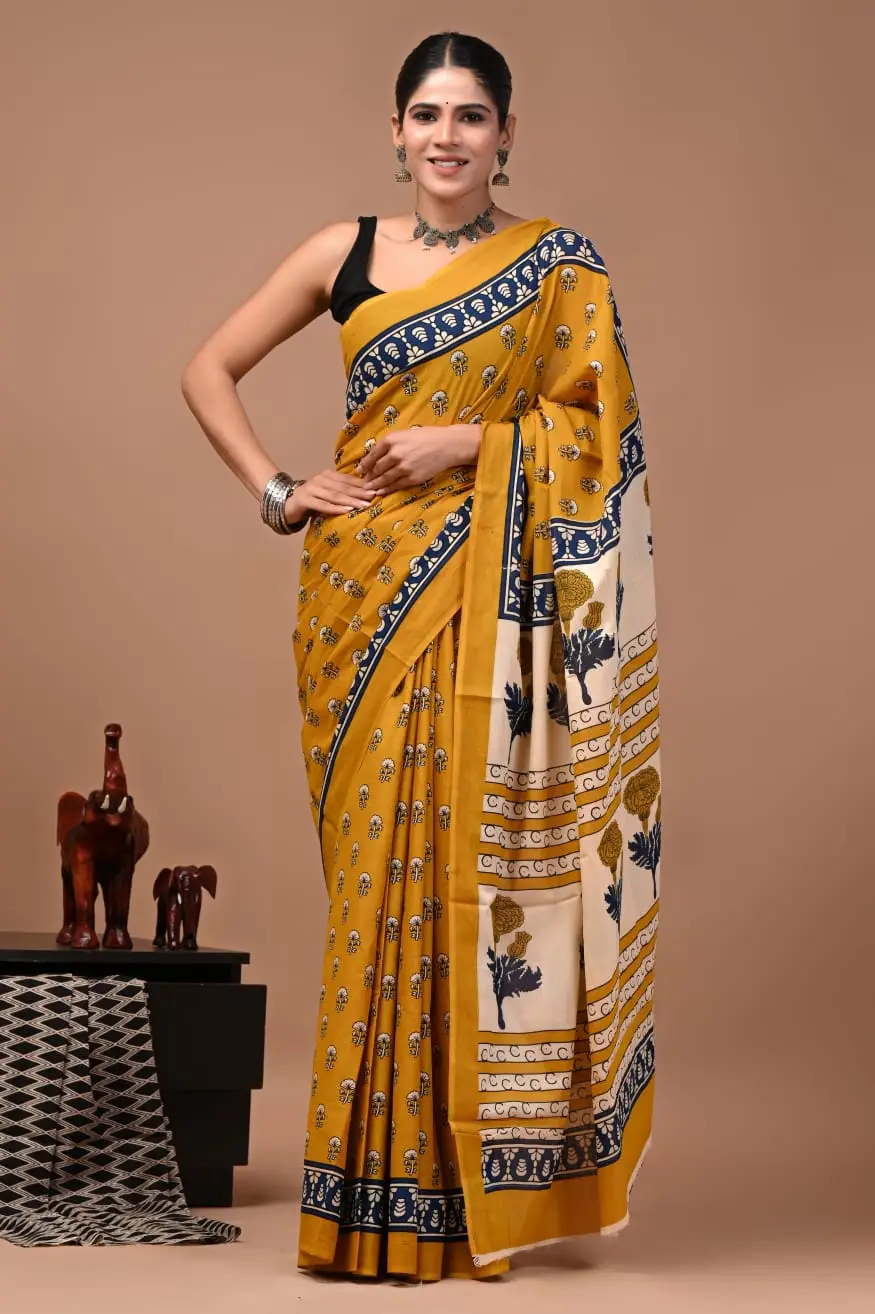 Bagru Hand Block Printed Mustard Yellow & Navy Blue Floral Mulmul Cotton Saree With Running Blouse W