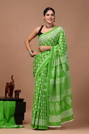 Bagru Hand Block Printed Green & White Floral & Geometric Mulmul Cotton Saree With Running Blouse W