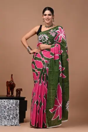 Bagru Hand Block Printed Olive Green & Pink Floral & Geometric Mulmul Cotton Saree With Running Blouse W