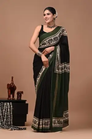 Bagru Hand Block Printed Black & Olive Green Floral & Paisley Mulmul Cotton Saree With Running Blouse W