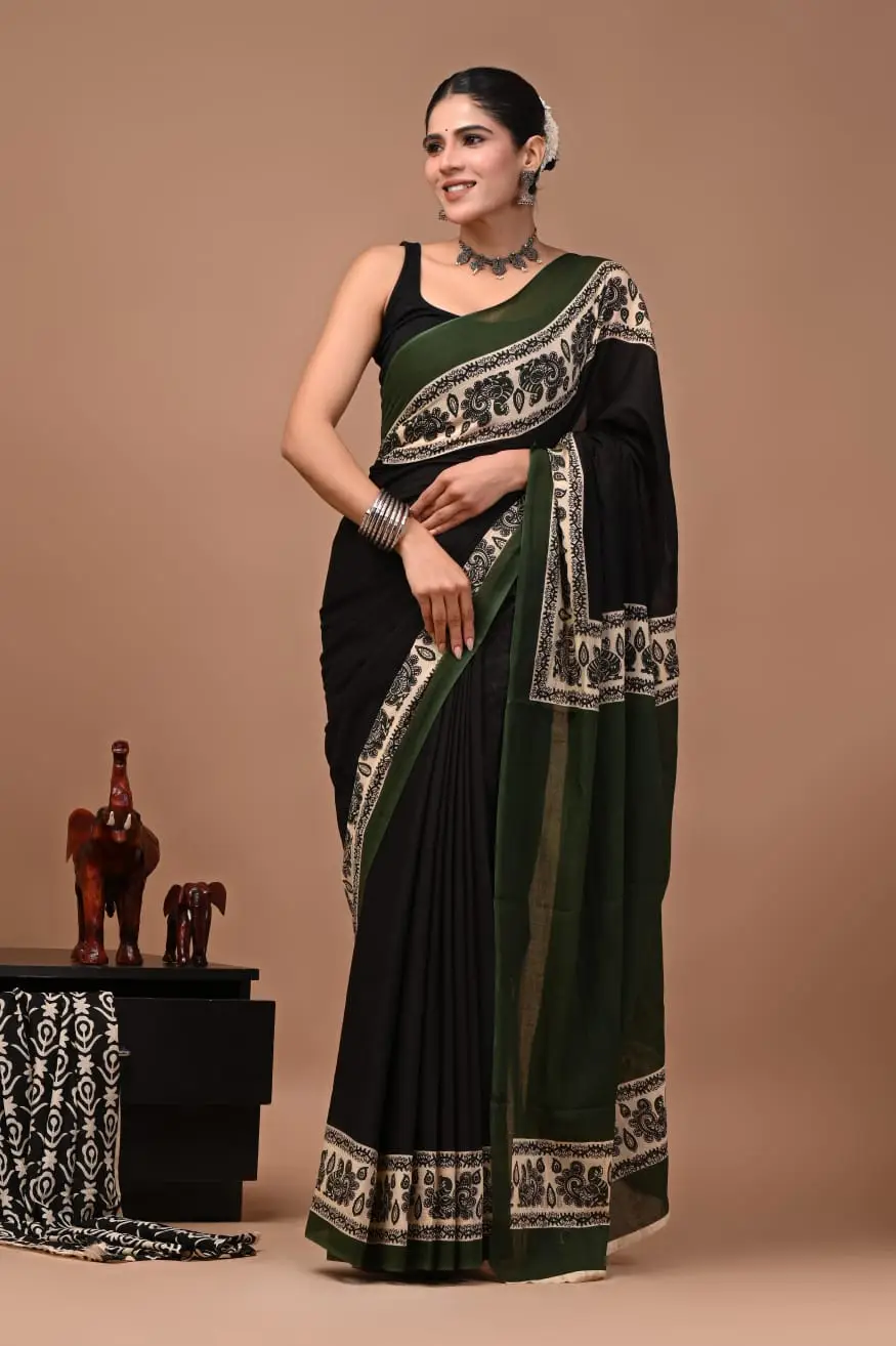 Bagru Hand Block Printed Black & Olive Green Floral & Paisley Mulmul Cotton Saree With Running Blouse W