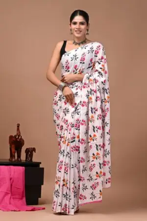 Bagru Hand Block Printed White Floral & Botanical Mulmul Cotton Saree With Running Blouse W