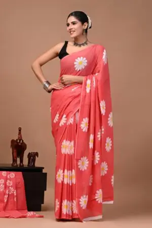 Bagru Hand Block Printed Coral Pink Floral Mulmul Cotton Saree With Running Blouse W