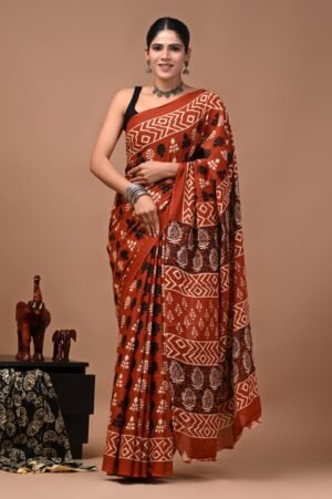 Bagru Hand Block Printed Rust Red Geometric Mulmul Cotton Saree With Running Blouse W