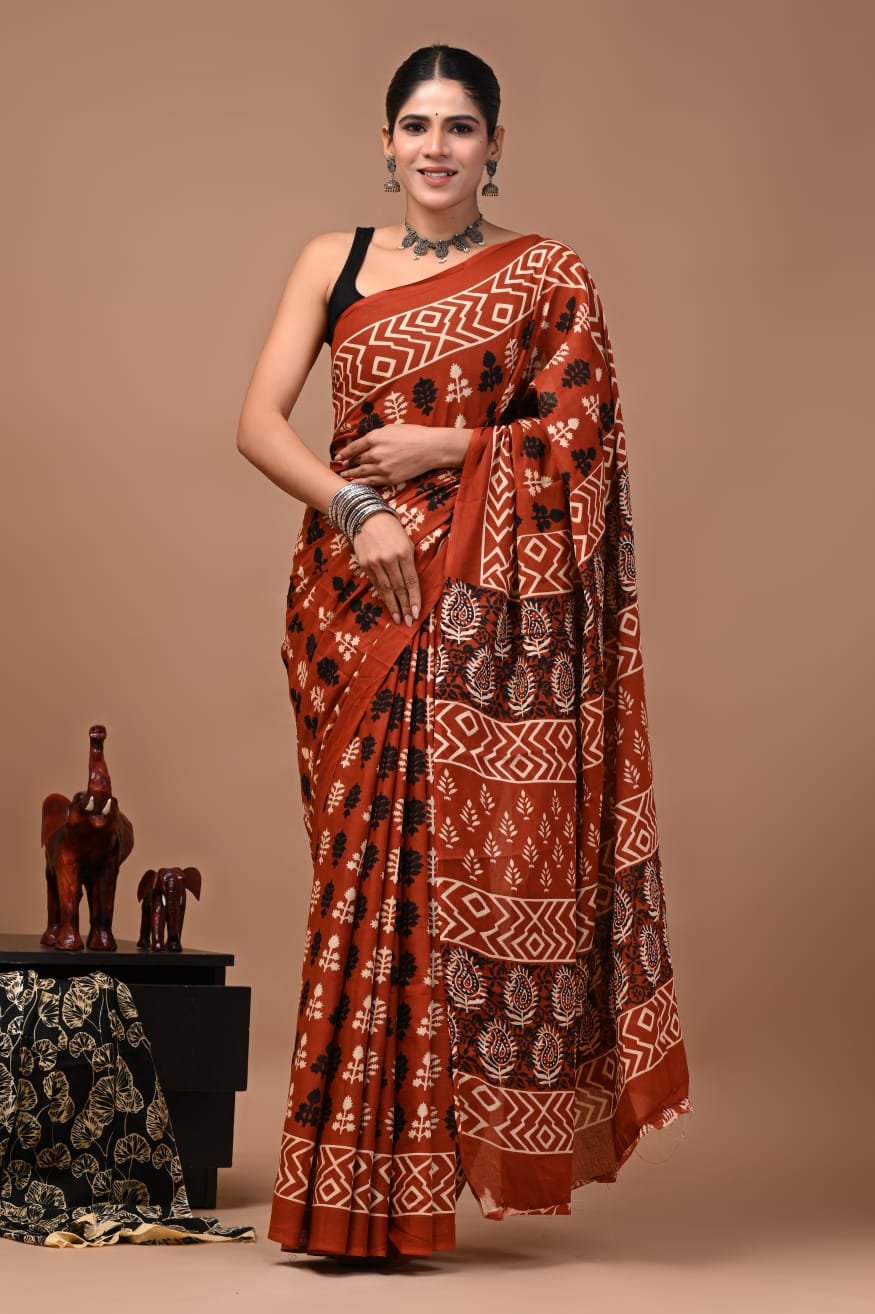 Bagru Hand Block Printed Rust Red Geometric Mulmul Cotton Saree With Running Blouse W