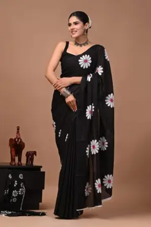 Bagru Hand Block Printed Black & White Floral Mulmul Cotton Saree With Running Blouse W