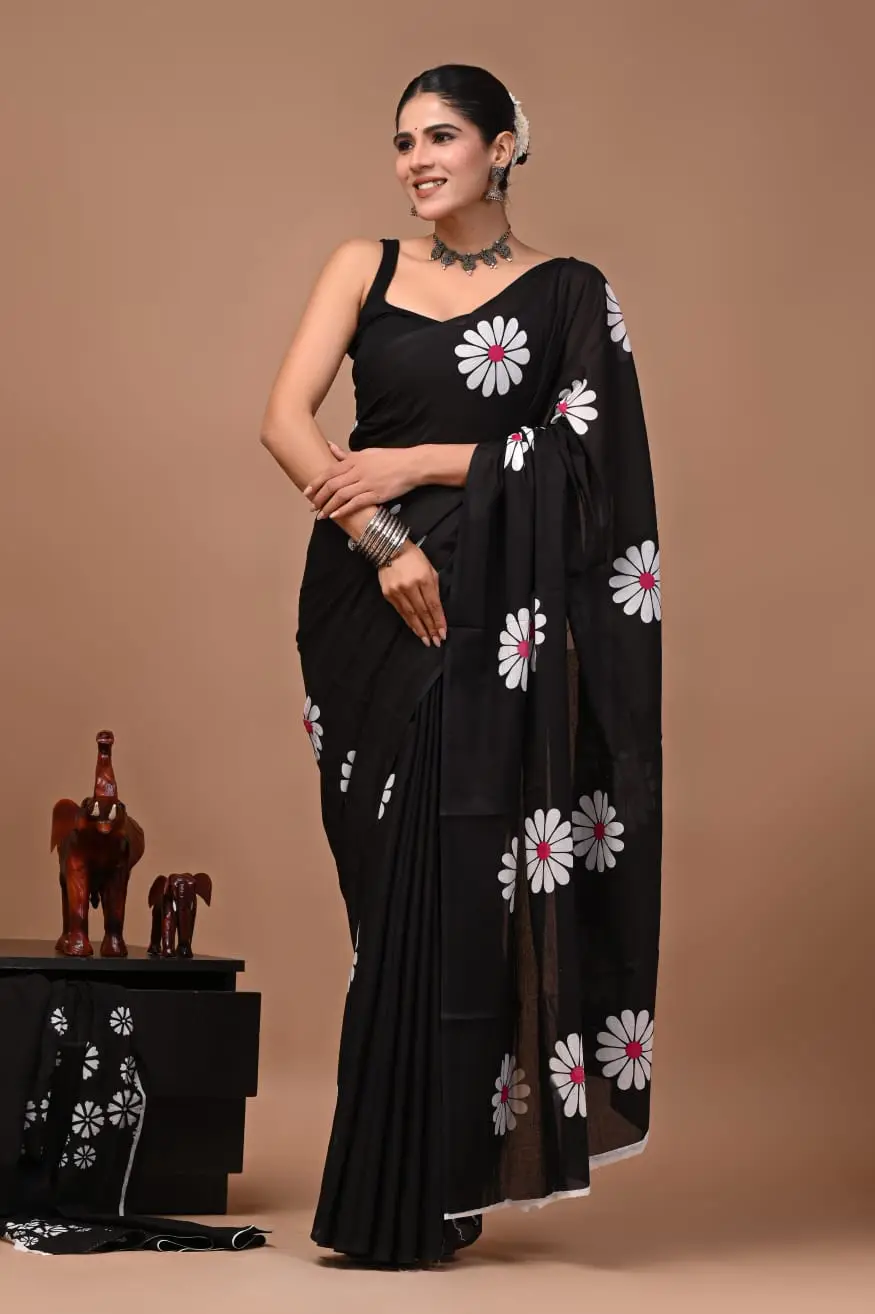 Bagru Hand Block Printed Black & White Floral Mulmul Cotton Saree With Running Blouse W