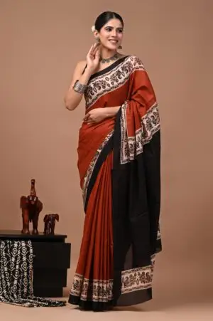 Bagru Hand Block Printed Rust Orange & Black Paisley Floral Mulmul Cotton Saree With Running Blouse W