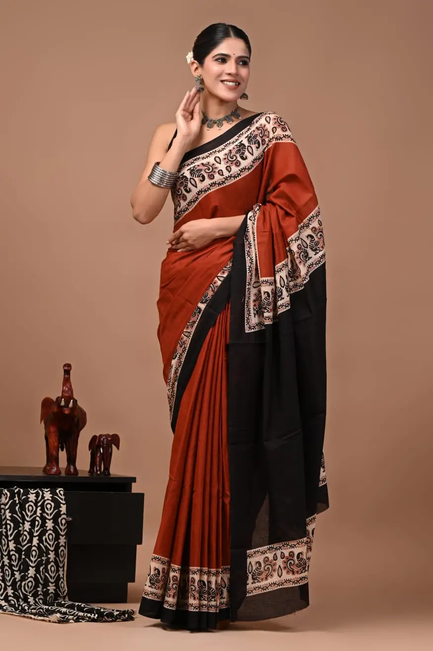 Bagru Hand Block Printed Rust Orange & Black Paisley Floral Mulmul Cotton Saree With Running Blouse W