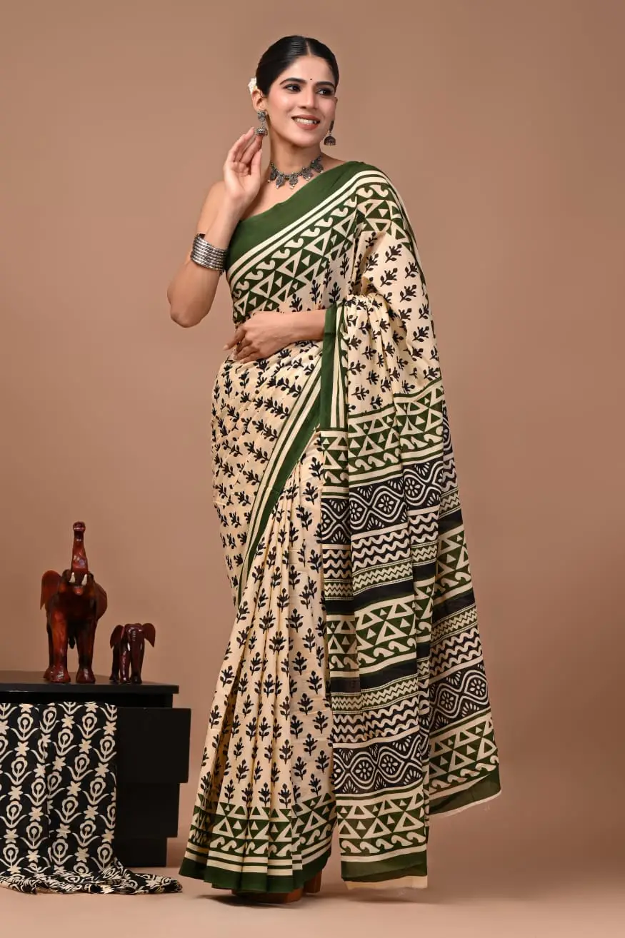 Bagru Hand Block Printed Cream & Olive Green Floral & Geometric Mulmul Cotton Saree With Running Blouse W