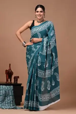 Bagru Hand Block Printed Teal Blue Paisley & Floral Mulmul Cotton Saree With Running Blouse W