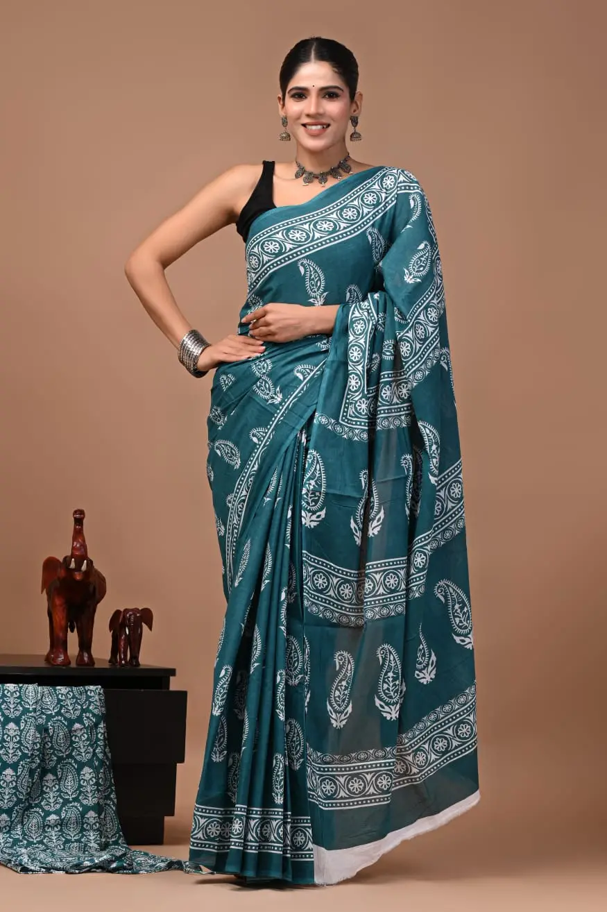 Bagru Hand Block Printed Teal Blue Paisley & Floral Mulmul Cotton Saree With Running Blouse W