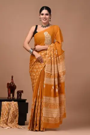 Bagru Hand Block Printed Mustard Orange Floral & Paisley Mulmul Cotton Saree With Running Blouse W