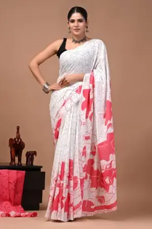 Bagru Hand Block Printed White & Pink Floral Mulmul Cotton Saree With Running Blouse W