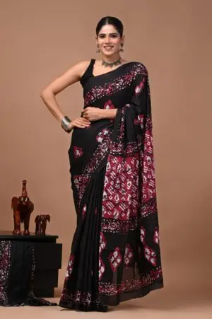 Bagru Hand Block Printed Black & Maroon Floral Cotton Saree With Running Blouse W
