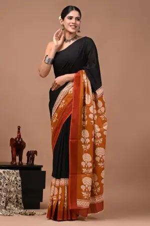 Bagru Hand Block Printed Black & Rust Orange Floral Cotton Saree With Running Blouse W