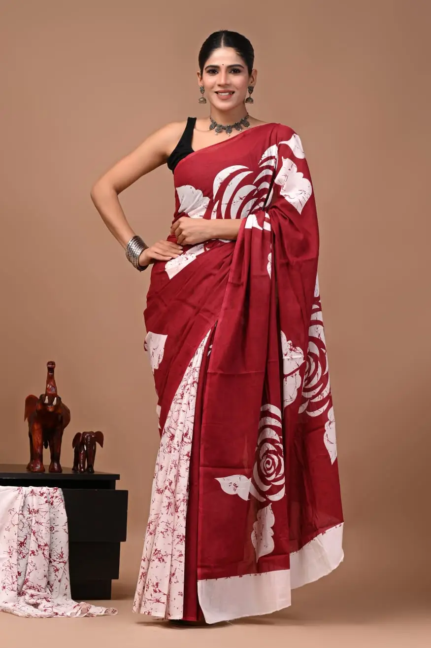 Bagru Hand Block Printed Maroon & White Floral Cotton Saree With Running Blouse W
