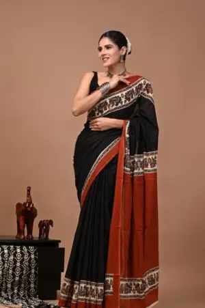 Bagru Hand Block Printed Black & Rust Orange Cotton Saree With Floral Paisley Border & Running Blouse W