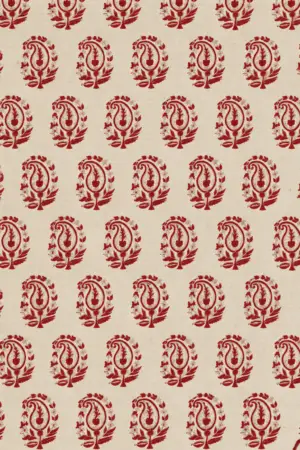 Natural Cream & Deep Red Paisley Floral Hand Block Printed 60s×60s Cotton Fabric A