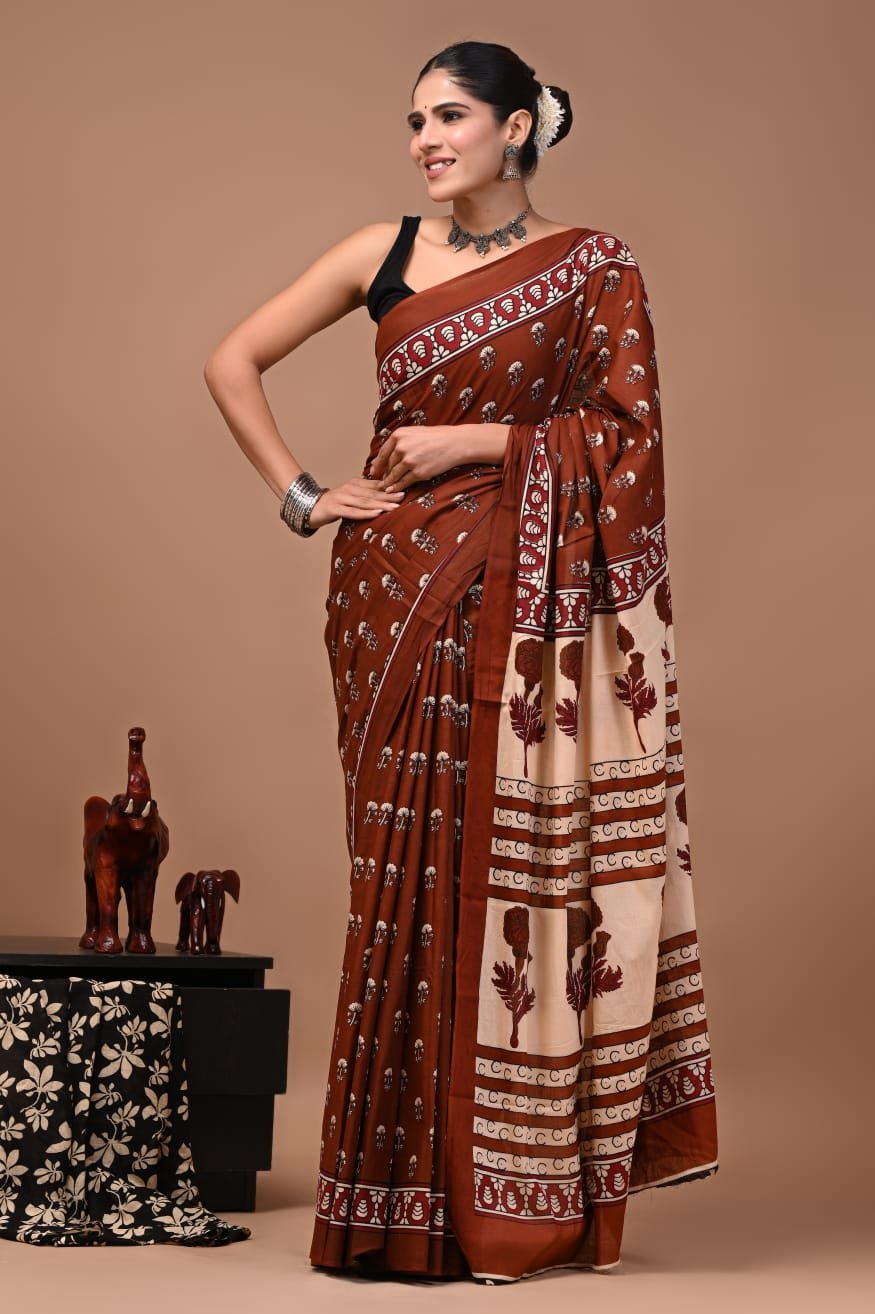 Bagru Hand Block Printed Chocolate Brown Mulmul Cotton Saree With Running Blouse W