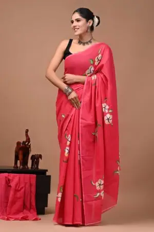 Pink Floral Printed Cotton Saree With Running Blouse W