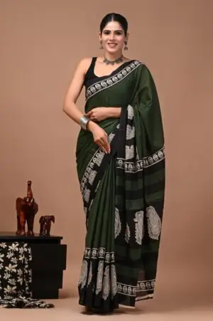 Bagru Hand Block Printed Dark Green & Black Cotton Saree With Paisley Border & Running Blouse W