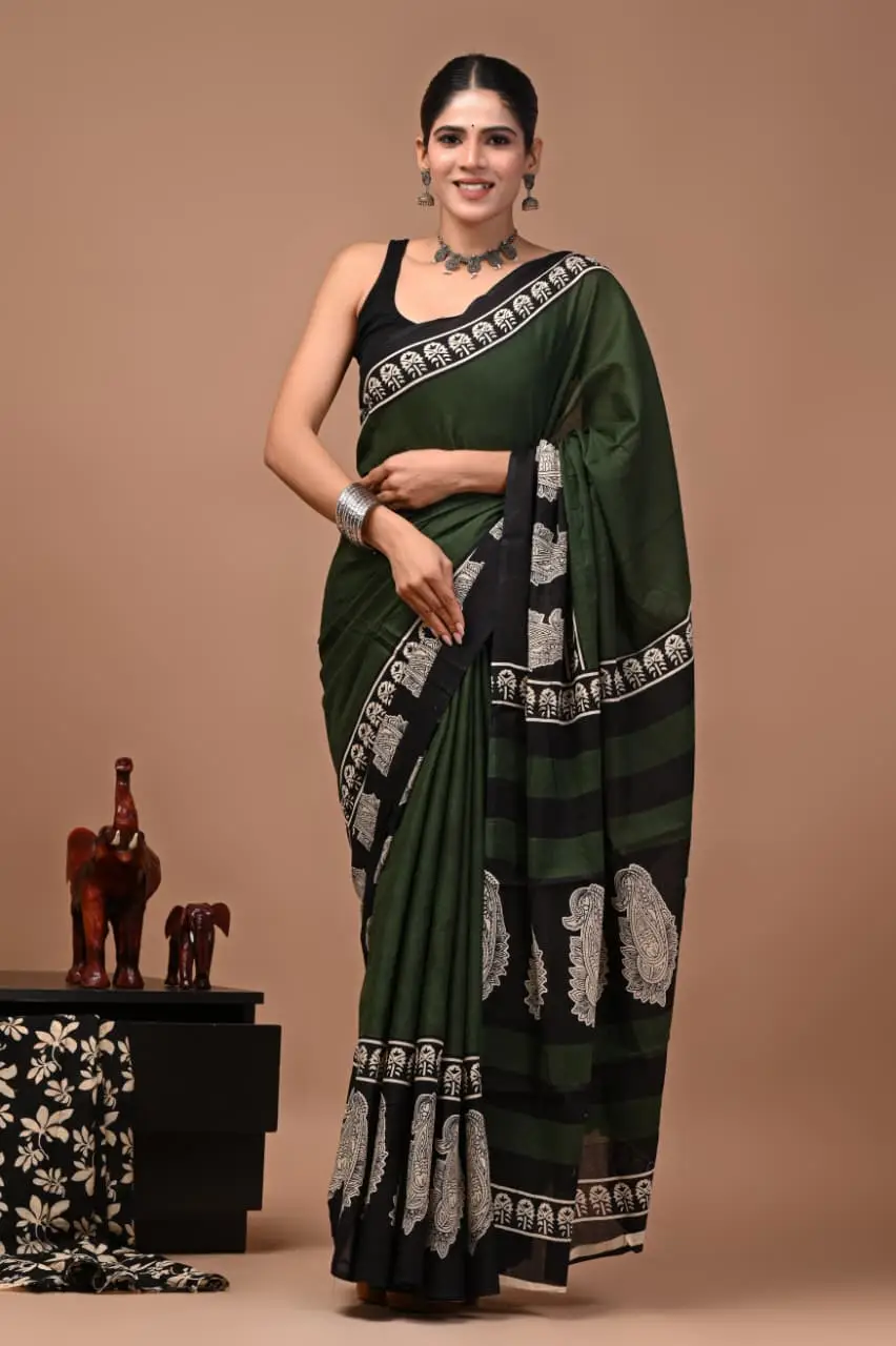 Bagru Hand Block Printed Dark Green & Black Cotton Saree With Paisley Border & Running Blouse W