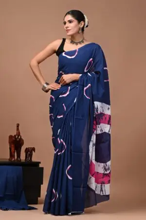 Bagru Hand Block Printed Navy Blue & Pink Cotton Saree With Abstract Motifs & Running Blouse W