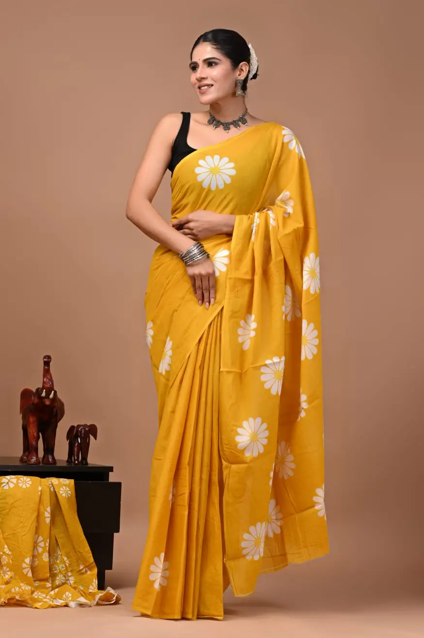 Bagru Hand Block Printed Mustard Yellow Floral Cotton Saree With Running Blouse W