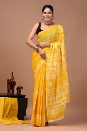 Bagru Hand Block Printed Yellow & White Floral Geometric Cotton Saree With Running Blouse W