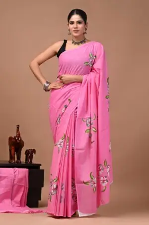 Bagru Hand Block Printed Pink Floral Cotton Saree With Running Blouse