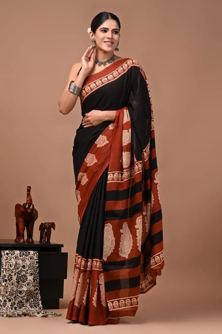 Bagru Hand Block Printed Black & Rust Brown Cotton Saree With Running Blouse W