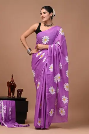 Bagru Hand Block Printed Purple Floral Cotton Saree With Running Blouse W