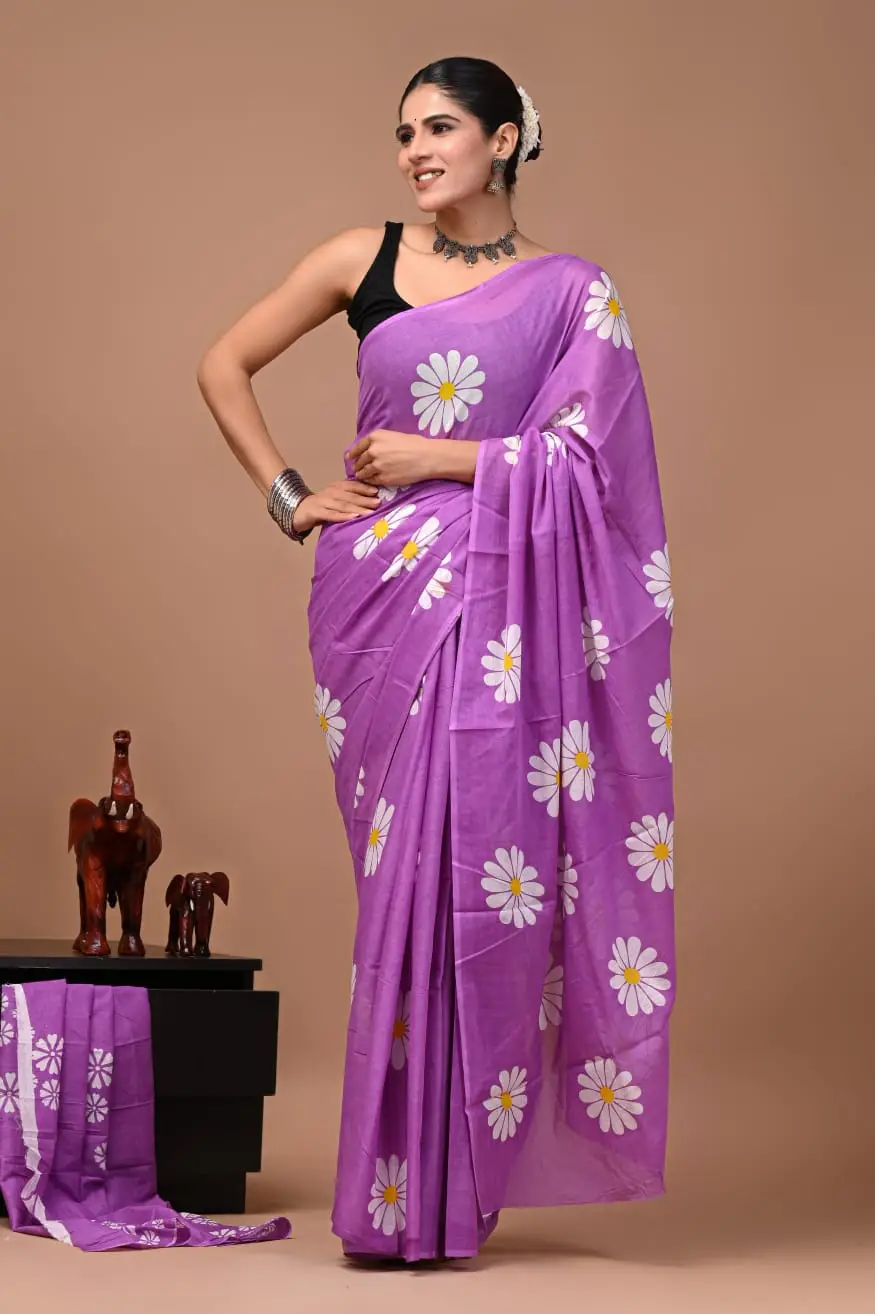 Bagru Hand Block Printed Purple Floral Cotton Saree With Running Blouse W