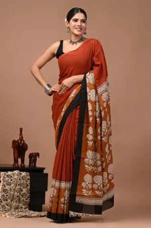 agru Hand Block Printed Rust Orange & Black Cotton Saree With Running Blouse W
