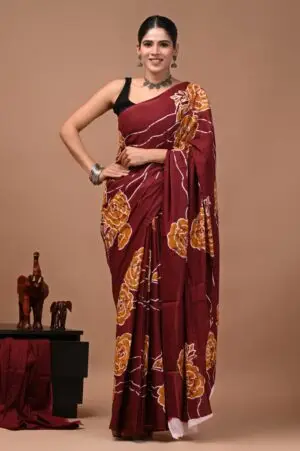 Bagru Hand Block Printed Maroon & Mustard Floral Cotton Saree With Running Blouse W